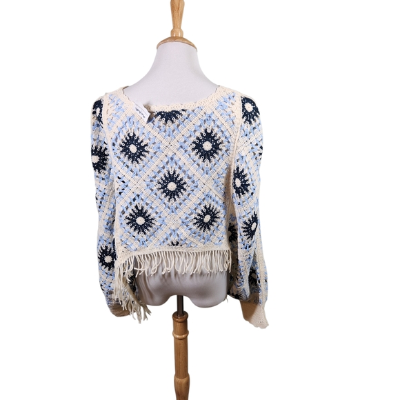 House of Harlow 1960 Blue and Cream Fringe Sweater - Picture 2 of 8